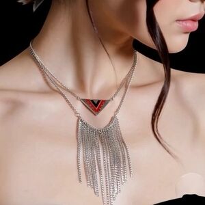 Southwestern Geometric Triangle Fringe Necklace Silver Tone Red Black White